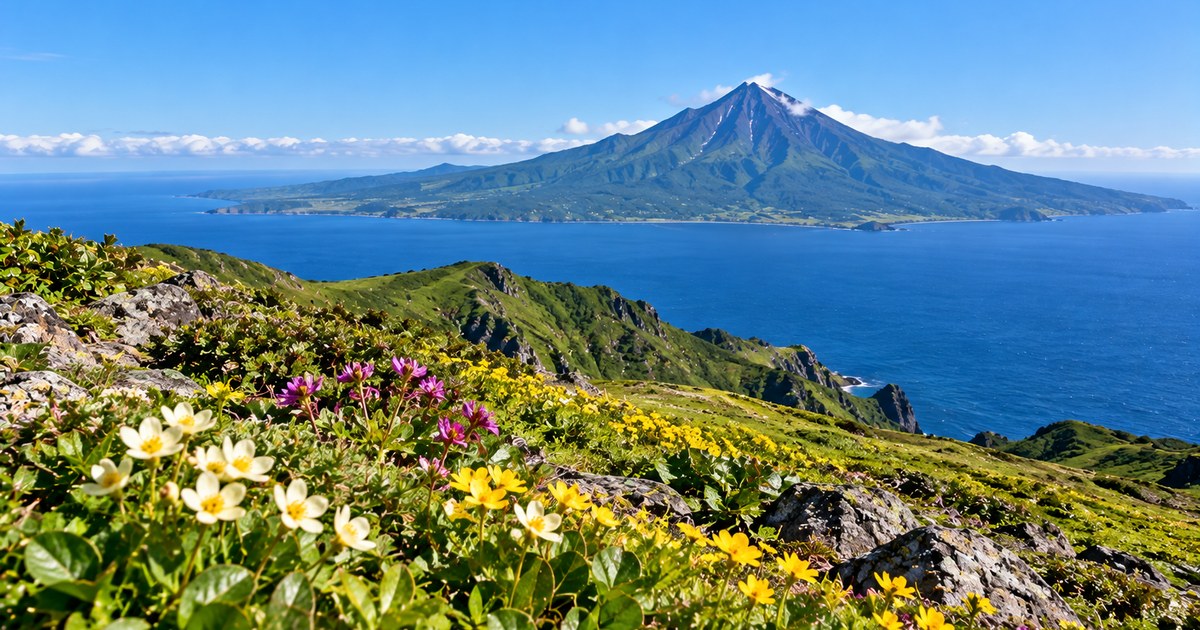 海の向こうにそびえる利尻富士と手前の高山植物