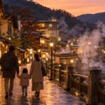 登別温泉の温泉街の夕景と立ちのぼる湯けむり
