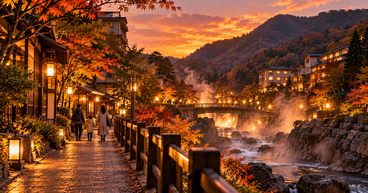 定山渓温泉の温泉街の夕景と立ちのぼる湯けむり