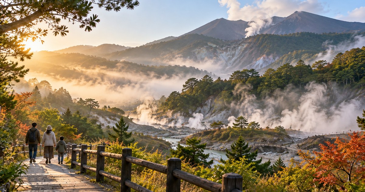霧島の山あいの温泉地と噴気の上がる山